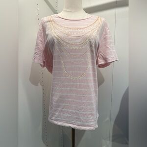 Karl Lagerfeld Pink Striped Tee with Pearl Accents